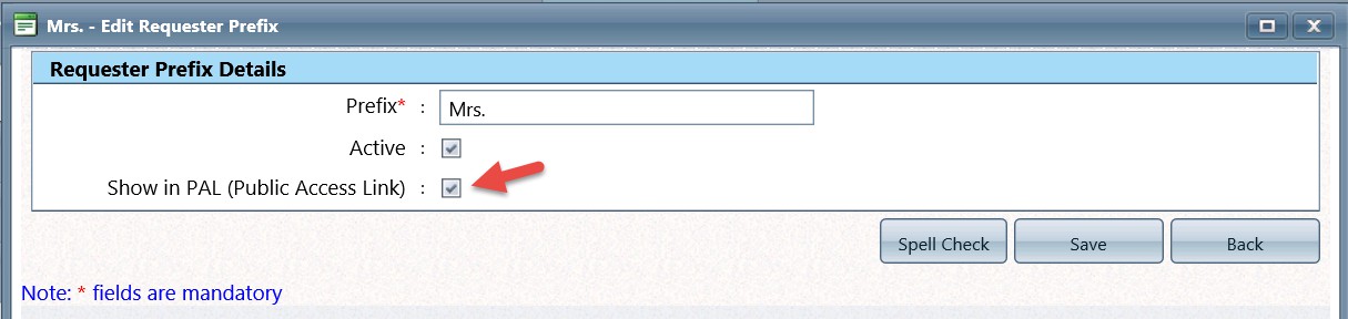 Editing requester prefix details with options for active status and public access link.